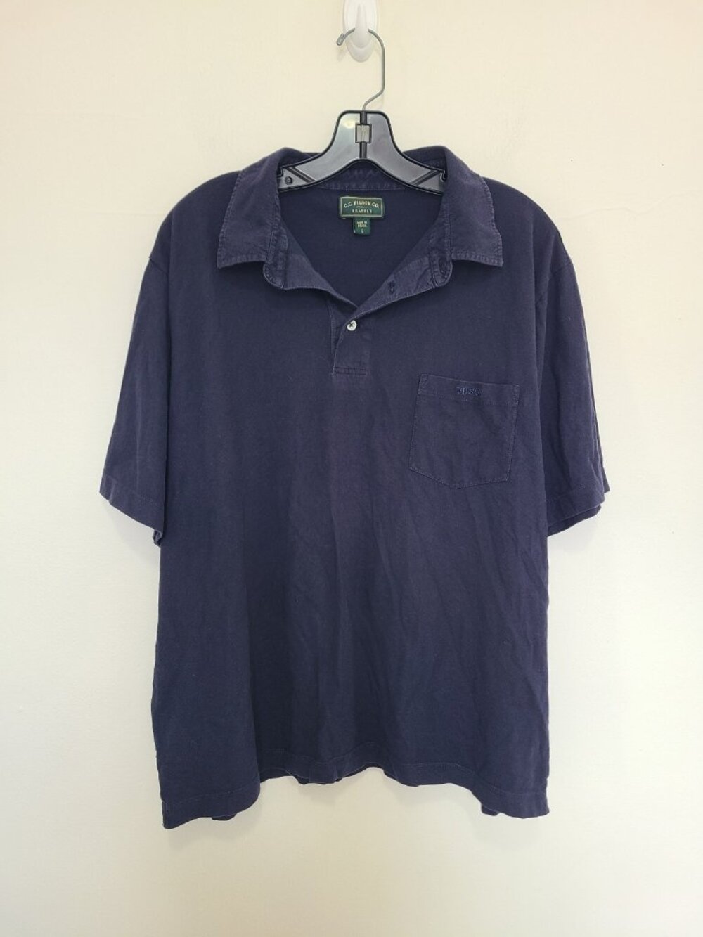 C.C. Filson Co. Navy Blue Cotton Polo Shirt Front Pocket size L